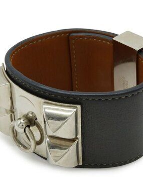 Hermes Collier de Chien Med Rubles Bracelet Bangle Studs Leather Dark Gray